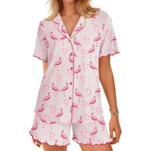Ekouaer Button Up Pajamas Set for Women Short Sleeve Ribbed Knit Sleepwear 2 Piece Pjs Shorts Set(Flamingos)