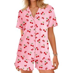 Ekouaer Button Up Pajamas Set for Women Short Sleeve Ribbed Knit Sleepwear 2 Piece Pjs Shorts Set(Pink-cherries)