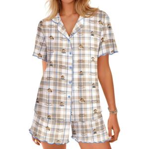 Ekouaer Button Up Pajamas Set for Women Short Sleeve Ribbed Knit Sleepwear 2 Piece Pjs Shorts Set(Plaid Teddy)