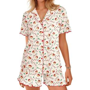Ekouaer Button Up Pajamas Set for Women Short Sleeve Ribbed Knit Sleepwear 2 Piece Pjs Shorts Set(Teddy Tree)