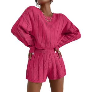 Ekouaer Knit Lounge Sets for Women 2 Piece Cozy Long Sleeve Pullover Sweater Top and Shorts Set Sweatsuit Outfits(Rose Red)