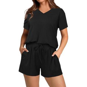 Ekouaer Lounge Sets for Women 2 Piece Ribbed Knit Pajamas Short Sleeve Pj Tops and Shorts Sleepwear Casual Outfits Set(Black)