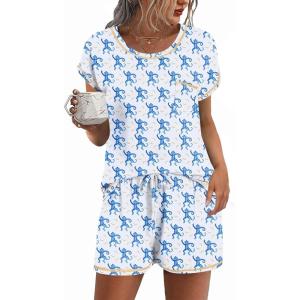 Ekouaer Pajama Set for Women Short Sleeve Tops and Shorts Set 2 Piece Pjs Classic Loungewear with Pockets(Cartoon Blue Monkey)