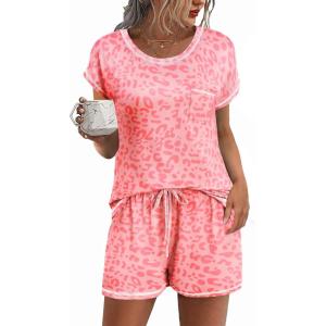 Ekouaer Pajama Set for Women Short Sleeve Tops and Shorts Set 2 Piece Pjs Classic Loungewear with Pockets(Cartoon Pink Leopard Print)