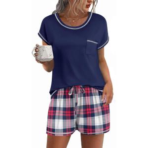 Ekouaer Pajama Set for Women Short Sleeve Tops and Shorts Set 2 Piece Pjs Classic Loungewear with Pockets(Plaid Navy Blue and Red)