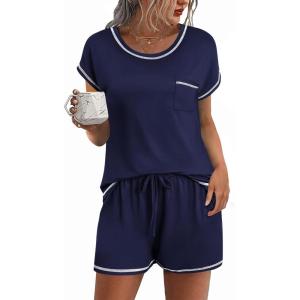 Ekouaer Pajama Set for Women Short Sleeve Tops and Shorts Set 2 Piece Pjs Classic Loungewear with Pockets(Solid Navy Blue)