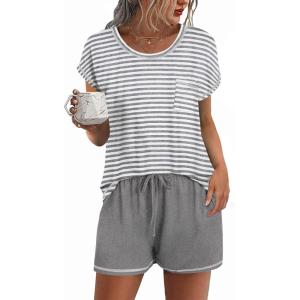 Ekouaer Pajama Set for Women Short Sleeve Tops and Shorts Set 2 Piece Pjs Classic Loungewear with Pockets(Stripes Light Grey)