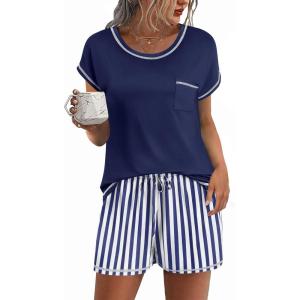 Ekouaer Pajama Set for Women Short Sleeve Tops and Shorts Set 2 Piece Pjs Classic Loungewear with Pockets(Stripes Navy Blue)
