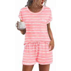 Ekouaer Pajama Set for Women Short Sleeve Tops and Shorts Set 2 Piece Pjs Classic Loungewear with Pockets(Stripes Pink Wave)