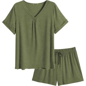 Ekouaer Pajamas Set Women’s Short Sleeve 2 Piece PJ Sets V Neck Comfy Sleepwear Loungewear with Pockets S-XXL(Army Green)