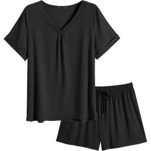Ekouaer Pajamas Set Women’s Short Sleeve 2 Piece PJ Sets V Neck Comfy Sleepwear Loungewear with Pockets S-XXL(Black)