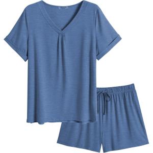 Ekouaer Pajamas Set Women’s Short Sleeve 2 Piece PJ Sets V Neck Comfy Sleepwear Loungewear with Pockets S-XXL(Blue)