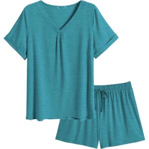 Ekouaer Pajamas Set Women’s Short Sleeve 2 Piece PJ Sets V Neck Comfy Sleepwear Loungewear with Pockets S-XXL(Blue Green)