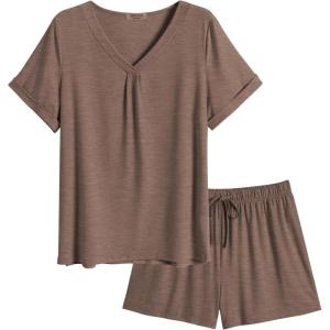 Ekouaer Pajamas Set Women’s Short Sleeve 2 Piece PJ Sets V Neck Comfy Sleepwear Loungewear with Pockets S-XXL(Brown)