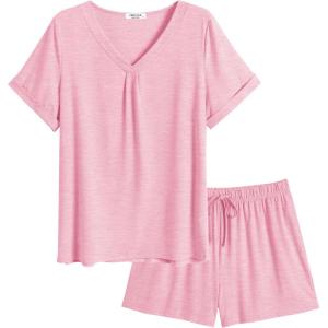 Ekouaer Pajamas Set Women’s Short Sleeve 2 Piece PJ Sets V Neck Comfy Sleepwear Loungewear with Pockets S-XXL(Deep Pink)