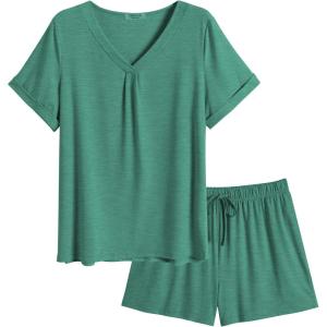 Ekouaer Pajamas Set Women’s Short Sleeve 2 Piece PJ Sets V Neck Comfy Sleepwear Loungewear with Pockets S-XXL(Green)