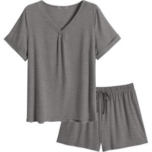 Ekouaer Pajamas Set Women’s Short Sleeve 2 Piece PJ Sets V Neck Comfy Sleepwear Loungewear with Pockets S-XXL(Grey)