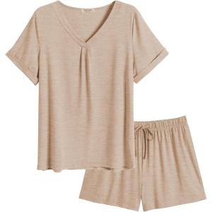 Ekouaer Pajamas Set Women’s Short Sleeve 2 Piece PJ Sets V Neck Comfy Sleepwear Loungewear with Pockets S-XXL(Khika)