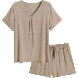 Ekouaer Pajamas Set Women’s Short Sleeve 2 Piece PJ Sets V Neck Comfy Sleepwear Loungewear with Pockets S-XXL(Light Gray)