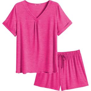 Ekouaer Pajamas Set Women’s Short Sleeve 2 Piece PJ Sets V Neck Comfy Sleepwear Loungewear with Pockets S-XXL(Rose Red)