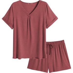 Ekouaer Pajamas Set Women’s Short Sleeve 2 Piece PJ Sets V Neck Comfy Sleepwear Loungewear with Pockets S-XXL(Wine)
