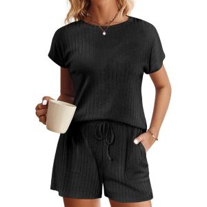 Ekouaer Pajamas Set for Women 2 Piece Pjs Ribbed Knit Lounge Set Cap Sleeve Loungewear Sleepwear S-XXL(Black)