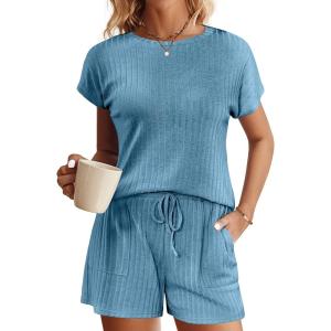 Ekouaer Pajamas Set for Women 2 Piece Pjs Ribbed Knit Lounge Set Cap Sleeve Loungewear Sleepwear S-XXL(Blue)