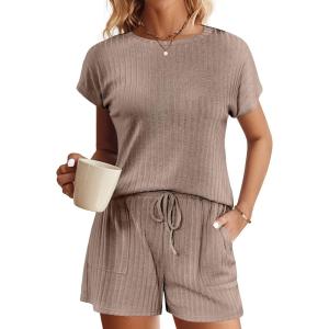Ekouaer Pajamas Set for Women 2 Piece Pjs Ribbed Knit Lounge Set Cap Sleeve Loungewear Sleepwear S-XXL(Brown)
