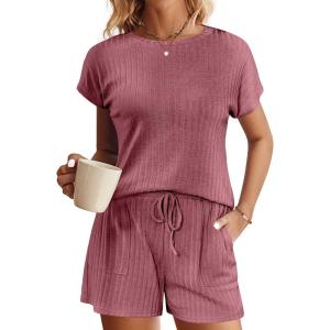 Ekouaer Pajamas Set for Women 2 Piece Pjs Ribbed Knit Lounge Set Cap Sleeve Loungewear Sleepwear S-XXL(Burgundy)