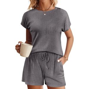 Ekouaer Pajamas Set for Women 2 Piece Pjs Ribbed Knit Lounge Set Cap Sleeve Loungewear Sleepwear S-XXL(Dark Gray)