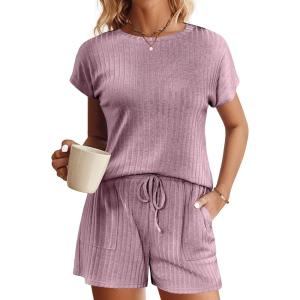 Ekouaer Pajamas Set for Women 2 Piece Pjs Ribbed Knit Lounge Set Cap Sleeve Loungewear Sleepwear S-XXL(Fuchsia)