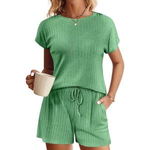 Ekouaer Pajamas Set for Women 2 Piece Pjs Ribbed Knit Lounge Set Cap Sleeve Loungewear Sleepwear S-XXL(Green)