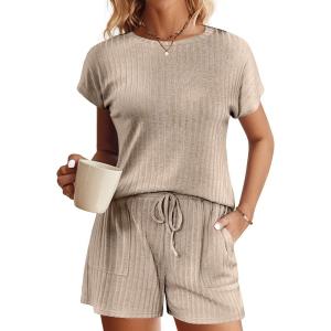 Ekouaer Pajamas Set for Women 2 Piece Pjs Ribbed Knit Lounge Set Cap Sleeve Loungewear Sleepwear S-XXL(Khaki)