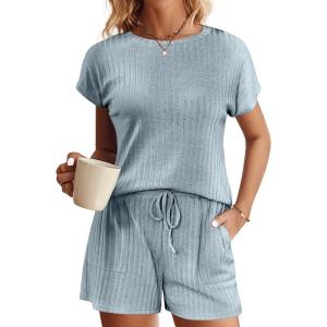 Ekouaer Pajamas Set for Women 2 Piece Pjs Ribbed Knit Lounge Set Cap Sleeve Loungewear Sleepwear S-XXL(Light Blue)