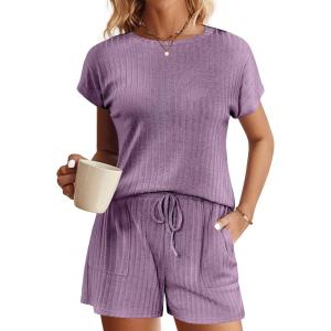Ekouaer Pajamas Set for Women 2 Piece Pjs Ribbed Knit Lounge Set Cap Sleeve Loungewear Sleepwear S-XXL(Purple)