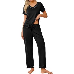 Ekouaer Pajamas for Women Set 2 Piece Lounge Set Soft Pajama Sets Short Sleeve and Pants Pj Sets Loose Sleepwear with Pockets(Black)