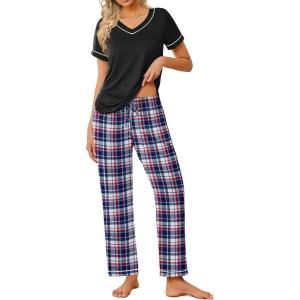 Ekouaer Pajamas for Women Set 2 Piece Lounge Set Soft Pajama Sets Short Sleeve and Pants Pj Sets Loose Sleepwear with Pockets(Bleu and Red Plaid)