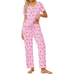 Ekouaer Pajamas for Women Set 2 Piece Lounge Set Soft Pajama Sets Short Sleeve and Pants Pj Sets Loose Sleepwear with Pockets(Heart Pattern)