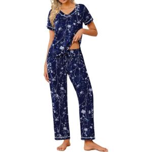 Ekouaer Pajamas for Women Set 2 Piece Lounge Set Soft Pajama Sets Short Sleeve and Pants Pj Sets Loose Sleepwear with Pockets(Navy Blue Flower)