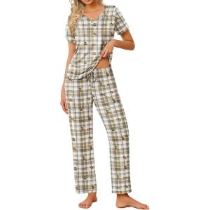 Ekouaer Pajamas for Women Set 2 Piece Lounge Set Soft Pajama Sets Short Sleeve and Pants Pj Sets Loose Sleepwear with Pockets(Teddy Bear Plaid)