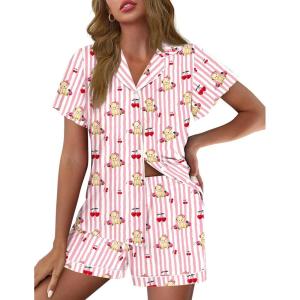 Ekouaer Pajamas for Women Set Button Up Pjs Short Sleeve Ruffle Sleepwear Notch Collar Bride Soft Pj Lounge Sets S-XXL(Pink Striped Teddy)