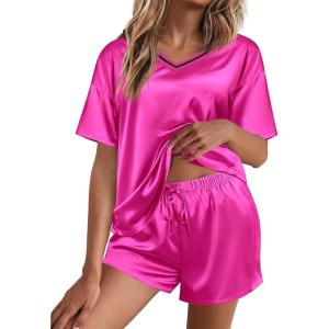 Ekouaer Satin Pajama Set for Women 2 piece Silky Pj Set Soft Short Sleeve Sleepwear Summer Loungewear, S-XXL(Rose Red)