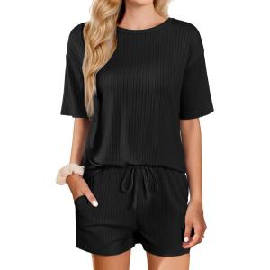 Ekouaer Short Sleeve Pajamas Set Ribbed Knit Lounge Sets for Women Pjs Shorts Set Two Piece Shorts Outfits Set(Black)