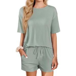 Ekouaer Short Sleeve Pajamas Set Ribbed Knit Lounge Sets for Women Pjs Shorts Set Two Piece Shorts Outfits Set(Light Green)