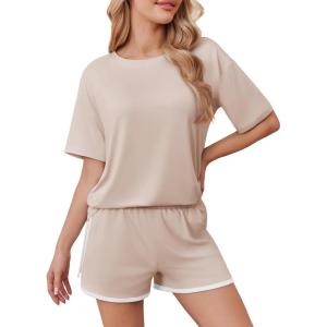 Ekouaer Soft Pajamas set for Women Loose Lounge Set Crew Neck T-Shirts Top and Sport Shorts Tracksuit with Pockets(Champagne)