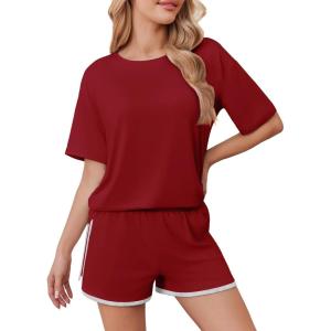 Ekouaer Soft Pajamas set for Women Loose Lounge Set Crew Neck T-Shirts Top and Sport Shorts Tracksuit with Pockets(Dark Red)
