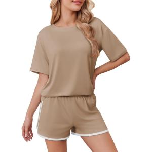 Ekouaer Soft Pajamas set for Women Loose Lounge Set Crew Neck T-Shirts Top and Sport Shorts Tracksuit with Pockets(Khaki)