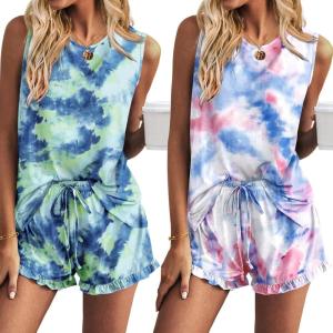 Ekouaer Women Lightweight Summer Pajama Soft Pj Set Sleepwear Tank Top Shorts with Pocket Loungewear Set S-XXL(Blue Pink Tie Dye)