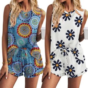 Ekouaer Women Lightweight Summer Pajama Soft Pj Set Sleepwear Tank Top Shorts with Pocket Loungewear Set S-XXL(Boho Daisy)