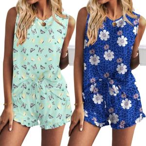 Ekouaer Women Lightweight Summer Pajama Soft Pj Set Sleepwear Tank Top Shorts with Pocket Loungewear Set S-XXL(Green Butterfly and Blue Flower)